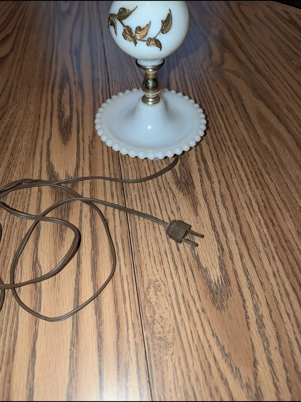 Vintage White Milk Glass Table Lamp with Gold Leaf Accents